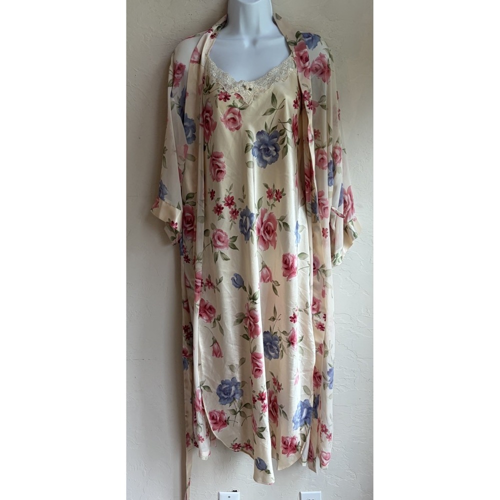 Vintage 90s Y2K Inner Most Floral Midi Slip Dress Sheer Robe Set S M Romantic